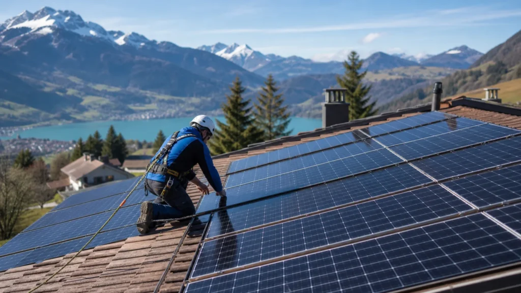 Technicien contrôlant des panneaux solaires en toute sécurité