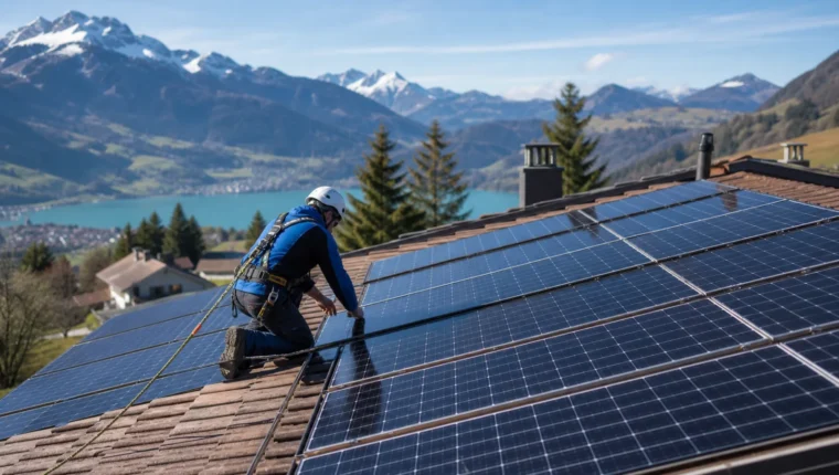Technicien contrôlant des panneaux solaires en toute sécurité